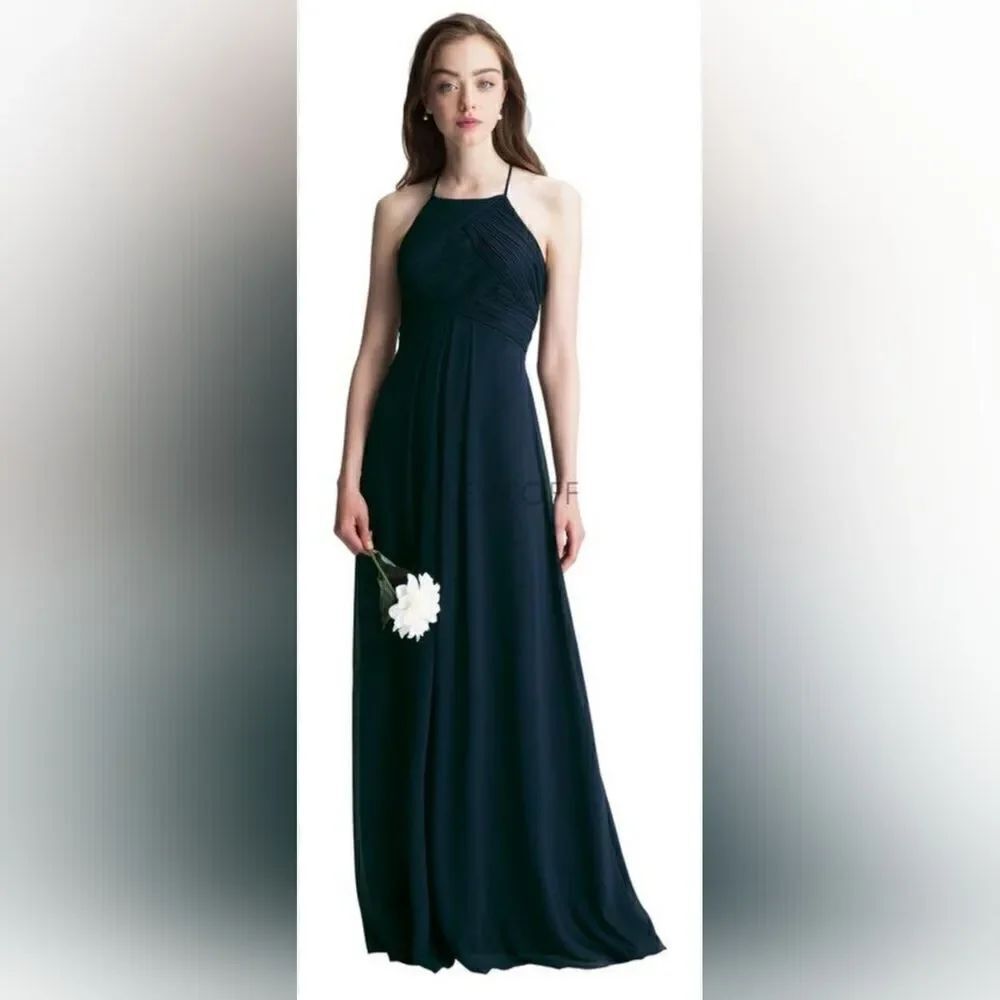 Levkoff 7001 Halter Neck Chiffon A-Line Gown in Navy NWT size 2